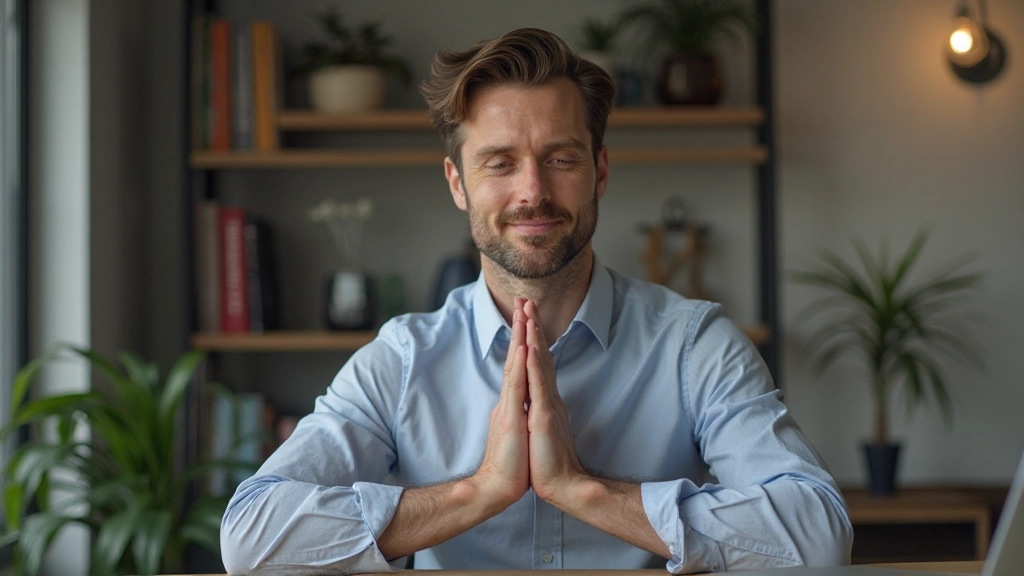 Man die stresstechnieken toepast, zit op bureau met gezonde copingstrategieën