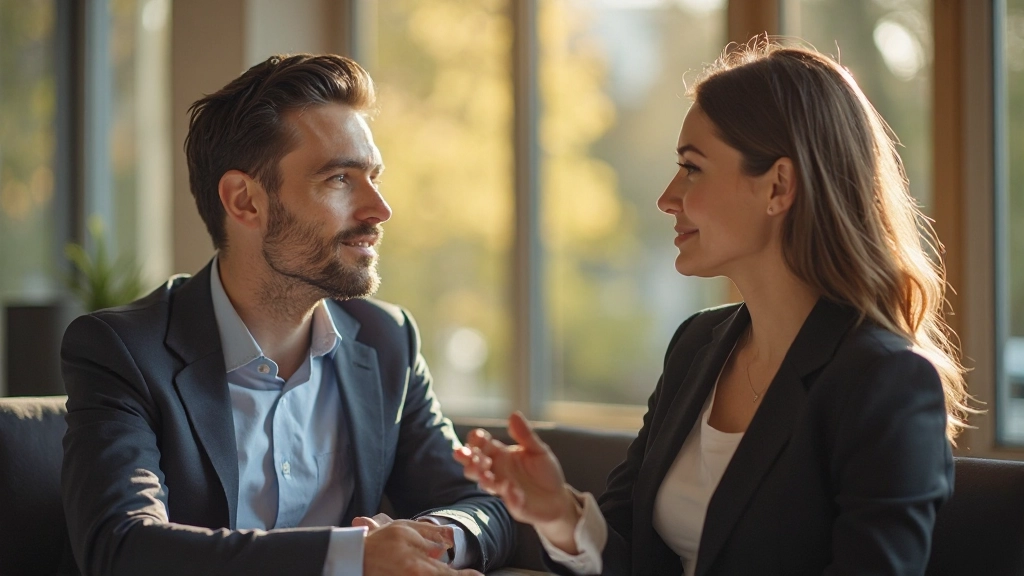 Twee professionals in gesprek met elkaar, demonstreren actieve luisteren en empathie