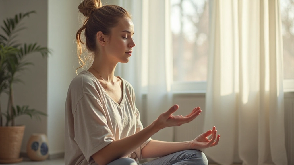 Vrouw die mediteert in rustige omgeving met zachte natuurlijke verlichting