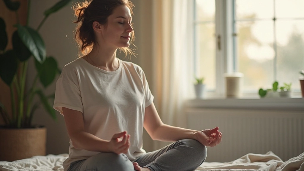 Vrouw die mediteert in rustige omgeving met zachte natuurlijke verlichting