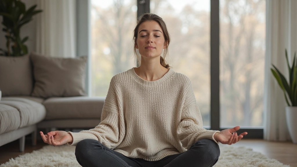 Vrouw in reflectieve meditatiepositie, diep nadenken in rustige omgeving