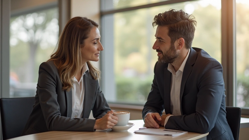 Twee professionals voeren een empathisch gesprek in een moderne kantooromgeving met warm licht
